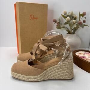 Castañer Carina Wedge Espadrille Ankle Wrap Tan Women's 8.5/EU 39 NWB - FLAW